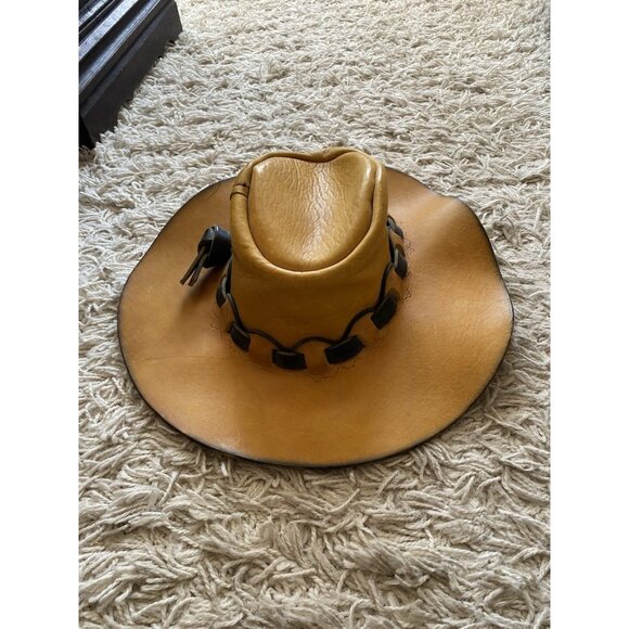 Mens Outback Hat Woven Embossed Tan Hard Leather Cowboy Black Australian - Picture 6 of 13